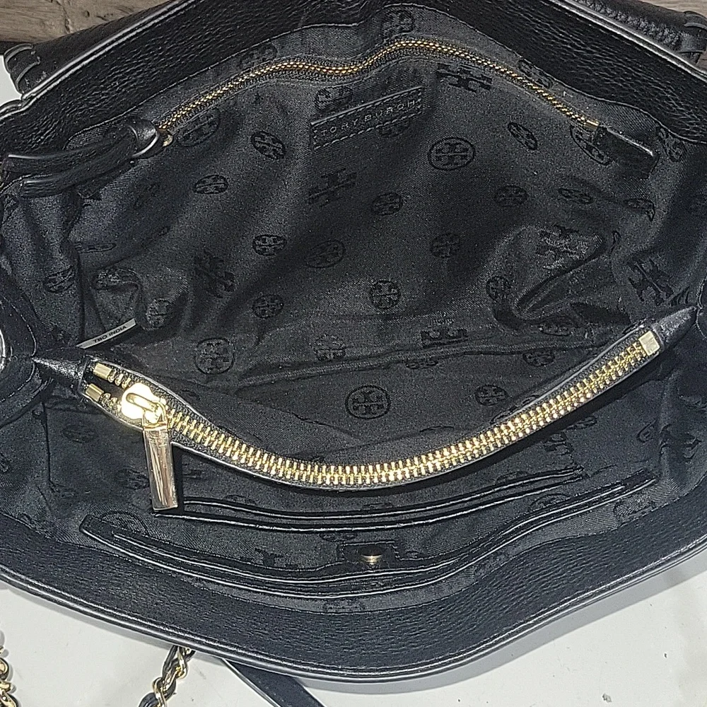 Tory Burch Flap Front Pebble Black Leather Shoulder Bag with Gold Chain-Strap